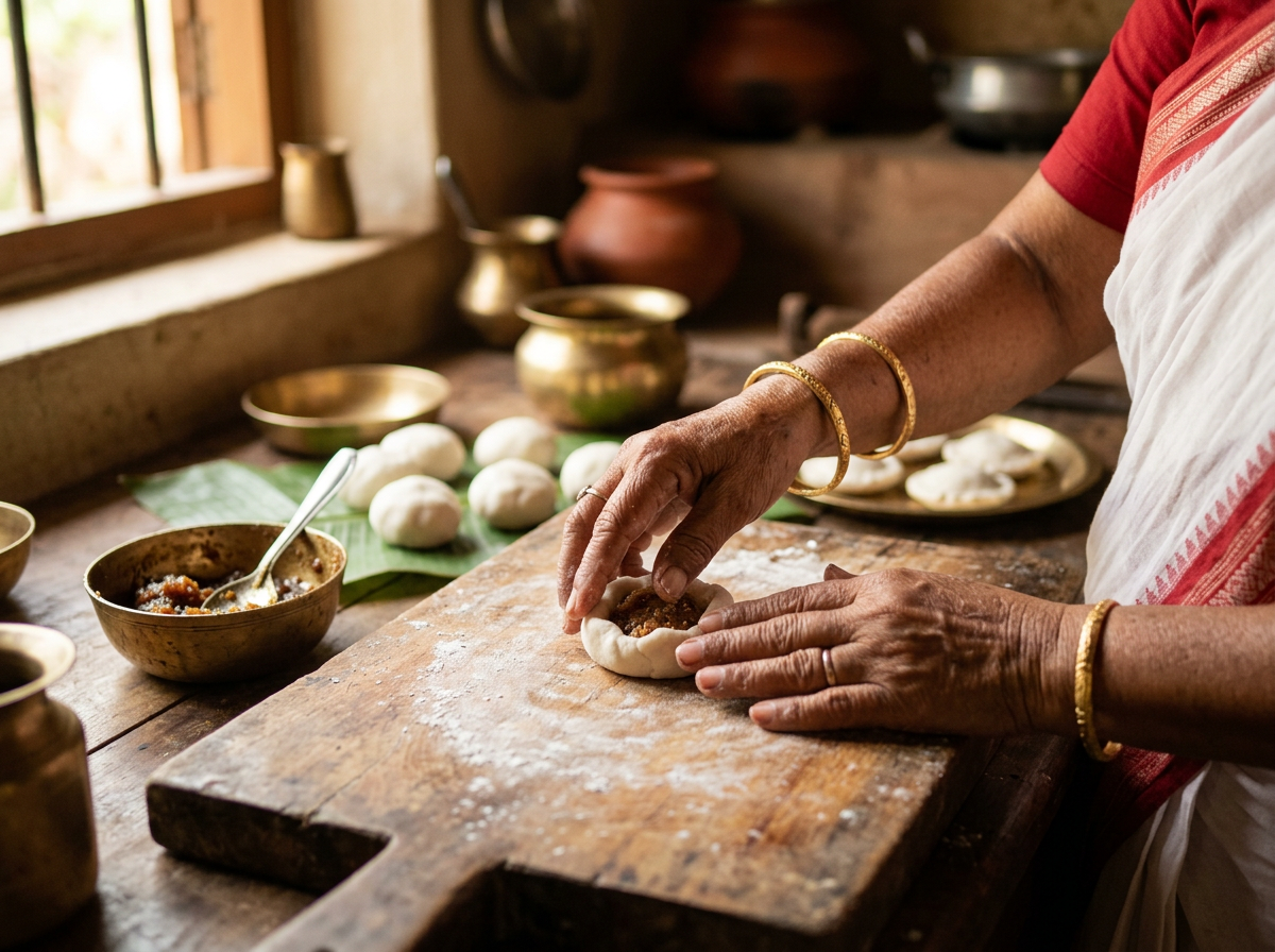 A grandmother's hands shaping a pitha