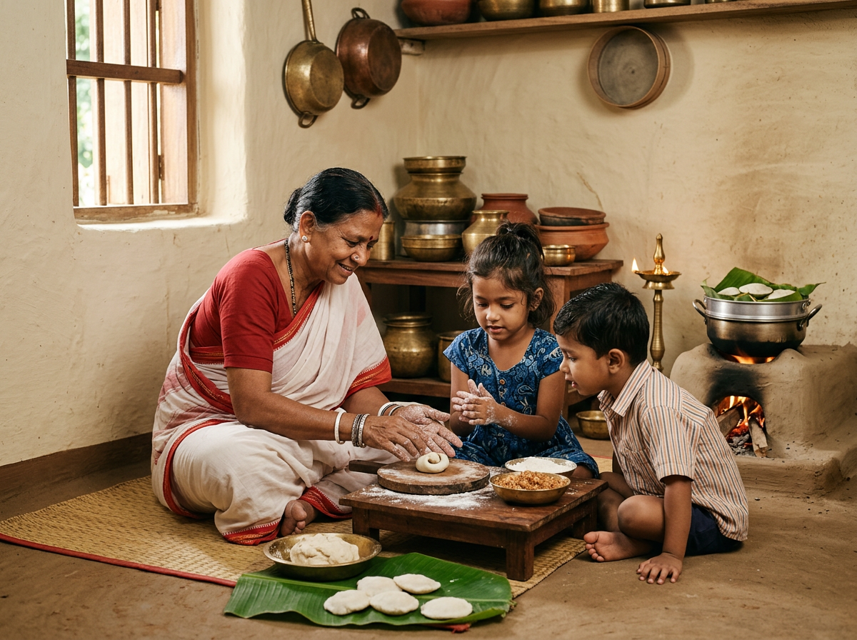 A grandmother teaching her grandchildren to make pitha